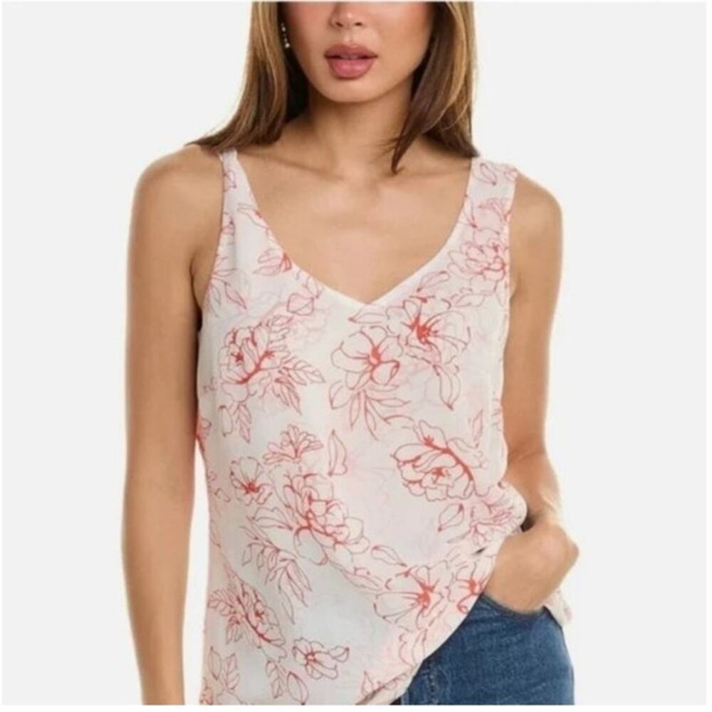 CAbi Stencil Tank Top Blouse Medium White Red Floral Chiffon Layered Boho Summer
